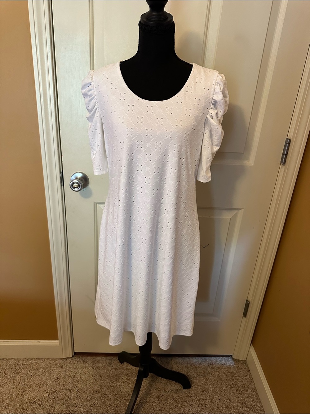 White Eyelet Midi Dress with Puff Sleeves